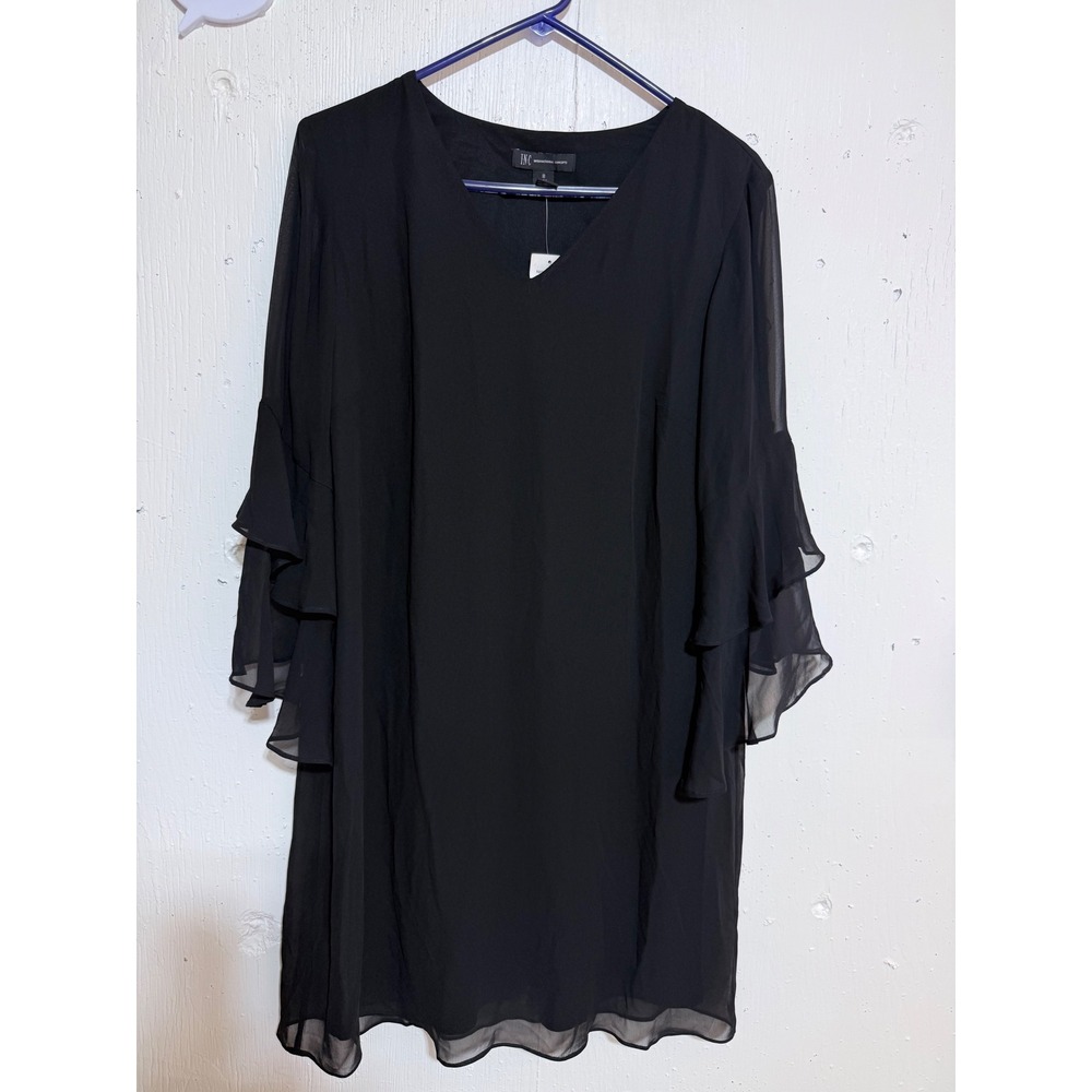 INC International Concepts Night Rider Black V-Neck Tiered Bell Sleeve Dress 8